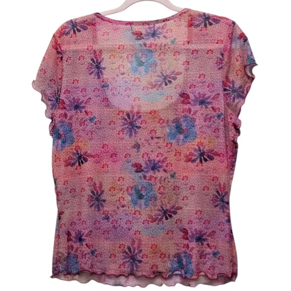 Natural Life Mesh Top Sheer XL Pink Floral Lettuce Edge Boho Whimsygoth Fairy - Picture 2 of 7